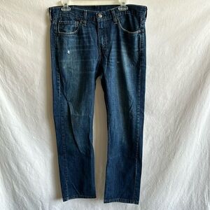 Levi’s 514 blue lightly distressed straight leg men’s jeans, size 32 x 30